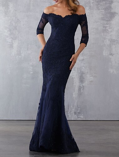  vestido negro sirena talla grande elegante invitada a la boda vestido de noche formal hombros descubiertos media manga cola de barrido/cepillo encaje con pedreria apliques de encaje 2022