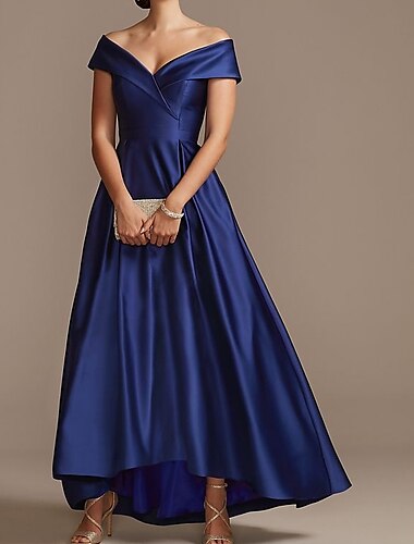  A-Line Mother of the Bride Dress Wedding Guest Elegant Plus Size High Low Off Shoulder Asymmetrical Satin Short Sleeve with Pleats 2024