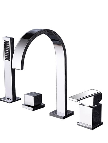  حنفية حوض الاستحمام مثبتة على سطح السفينة ، حنفية حمام واسعة الانتشار ، حشو حوض روماني ، خلاط نحاسي ، 4 فتحات بمقبضين بخاخ دش مع خرطوم ماء ساخن بارد