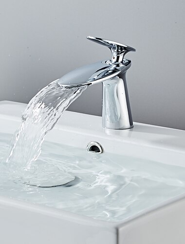  håndvask vandhane, messing vandfald enkelt håndtag et hul moderne stil badehaner med varmt og koldt vand