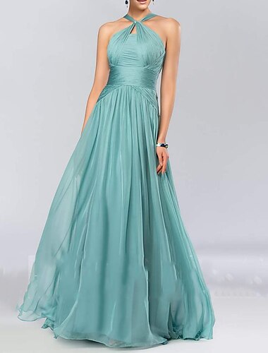  A-Line Bridesmaid Dress Halter Neck Sleeveless Elegant Floor Length Chiffon with Pleats / Draping 2023