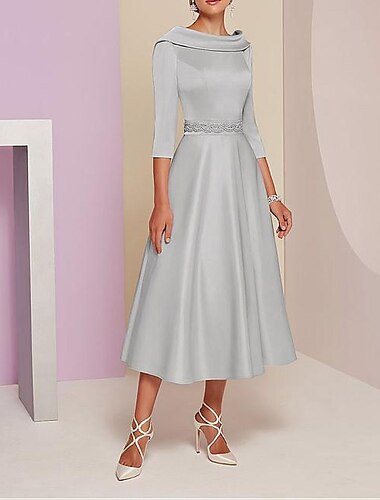  A-Line Mother of the Bride Dress Wedding Guest Elegant Vintage Plus Size Bateau Neck Tea Length Satin 3/4 Length Sleeve with Beading 2024
