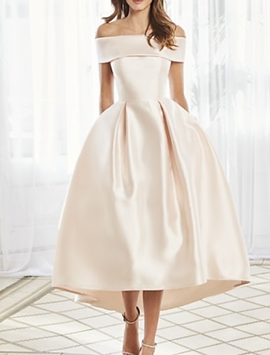  A-Line Mother of the Bride Dress Wedding Guest Elegant Off Shoulder Ankle Length Satin Short Sleeve with Pleats 2024