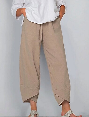  Women\'s Chinos Pants Trousers Faux Linen Khaki Dusty Blue Black Mid Waist Chino Office Ankle-Length Lightweight Solid Colored S M L XL XXL / Plus Size / Loose Fit