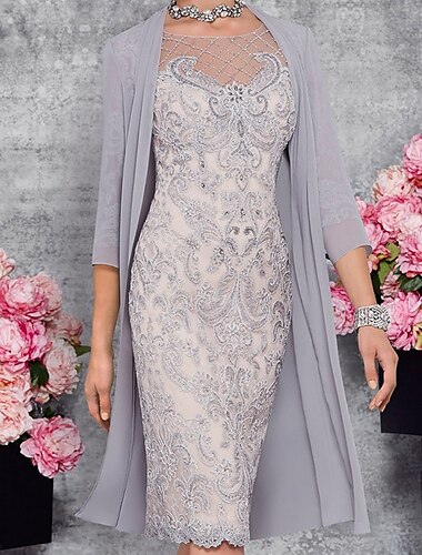  Two Piece Sheath / Column Mother of the Bride Dress Wedding Guest Church Elegant Illusion Neck Knee Length Lace 3/4 Length Sleeve Jacket Dresses with Embroidery 2024