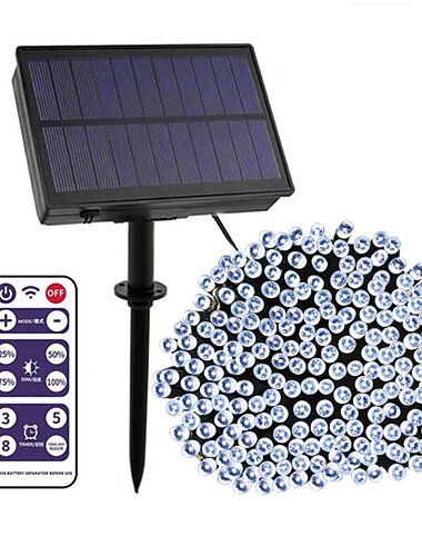 100m utomhus solcellsslingor med fjärrkontroll, 800 lysdioder 8 lägen, dimning &amp; timer, vattentät julträdgårdsbelysning i varmvitt, vitt &amp; blå