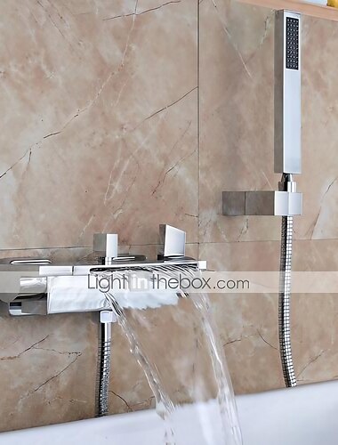  Waterfall Bathtub Faucet Wall Mounted, Widespread Bathroom Shower Mixer Faucet Bath Roman Tub Filler Mixer Tap Brass, 3 Hole Sprayer with Cold Hot Water Hose