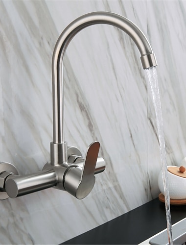  Kitchen Faucet,Stainless Steel Rotatable Wall Mounted Single Handle Two Holes Kitchen Taps with Hot and Cold Switch