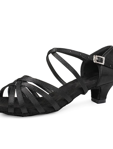  Women\'s Black Strappy Latin Dance Shoes - Satin Open-Toe Sandals with Low Heel and Suede Sole for Ballroom, Salsa, and Tango