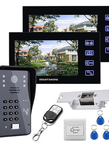  MOUNTAINONE 7 LCD Two Monitors  Video Door Phone Intercom System RFID Door Access Control Kit Outdoor Camera Electric Strike LockWireless Remote Control