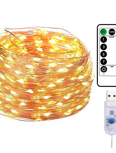  20M 200LED Copper Wire String Lights Outdoor Fairy Lights USB Plug-in Lights With 8 Modes Lights Waterproof Remote Control Timer Christmas Wedding Birthday Family Party Room