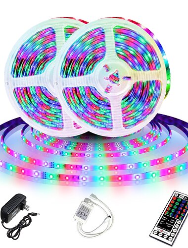 led stripverlichting (2x5m) 10m 32.8ft 2835 rgb 600leds 8mm strips verlichting flexibele kleurwissel met 44 toetsen ir afstandsbediening ideaal voor thuis keuken kerst tv achterlichten dc 12v