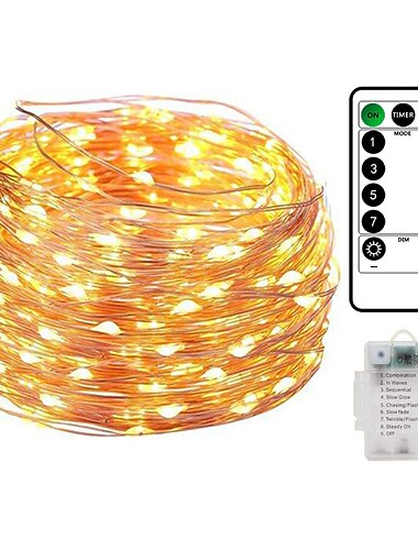  10M 100LED Waterproof Remote Control 8 Function Copper Wire LED String Lights Outdoor String Lights AA Battery-Powered Fairy Light Christmas Wedding Birthday Family Party Room Decoration Without Batte