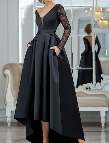  A-Line Evening Gown Black Dress Vintage Halloween Wedding Guest Asymmetrical Long Sleeve V Neck Satin with Pleats Lace Insert 2024