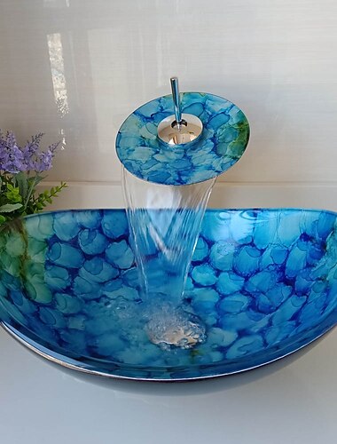  badkamer gootsteen set rechthoekig 16 "x 13", gootsteen mengkraan en afvoercombinatie met pop-up afvoer, bootvorm kleur gehard glas artistieke vat ijdelheid gootsteen kom, boven aanrecht gootsteen kunst wastafel