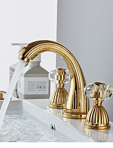  صنبور خلاط بالوعة الحمام على نطاق واسع ، صنابير حوض نحاسية 2 مقبض 3 فتحات مقبض كريستال على الطراز القديم ، حمام الحمام مع خرطوم الماء الساخن والبارد