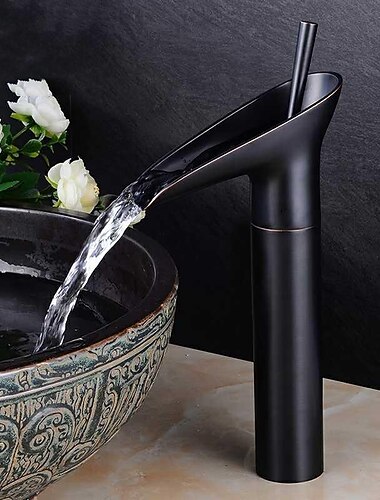  miscelatore lavabo bagno cascata tradizionale ottone antico, rubinetti lavabo stile retro monocomando monoforo montato a ponte, rubinetto bagno monoblocco con tubo caldo e freddo