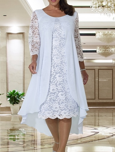 A-Line Mother of the Bride Dress Wedding Guest Elegant Plus Size Jewel Neck Knee Length Chiffon Lace Long Sleeve with Lace 2024