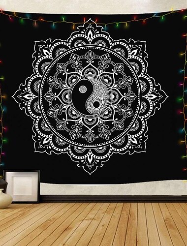  Wall Tapestry Art Decor Blanket Curtain Hanging Home Bedroom Living Room Dorm Decoration Polyester Black Background White Gossip Mandala View Indian