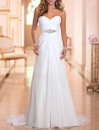  Hall Simple Wedding Dresses A-Line Sweetheart Strapless Sweep / Brush Train Chiffon Bridal Gowns With Crystals 2024