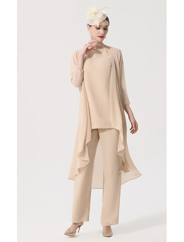  Jumpsuit / Pantsuit Mother of the Bride Dress Elegant Plus Size Bateau Neck Floor Length Chiffon Sleeveless with Sash / Ribbon Appliques 2024