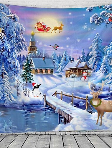  julepynt hvit vinter snoe reinsdyr veggteppe ferie fest juledekor foto bakgrunn bakteppe teppe gardin duk hengende soverom stue julenisse gave polyester