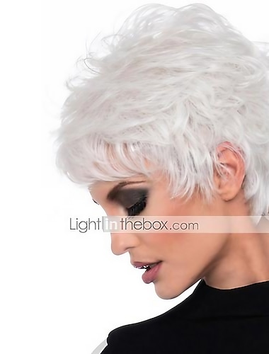  Białe peruki dla kobiet peruka syntetyczna luźne zwijanie asymetryczna peruka krótkie białe włosy syntetyczne 6 cali klasyczne wykwintne puszyste białe