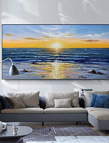 Pintura al óleo pintada a colgar Pintada a mano Panorámica horizontal Abstracto Moderno Sin marco interior  (sin marco)