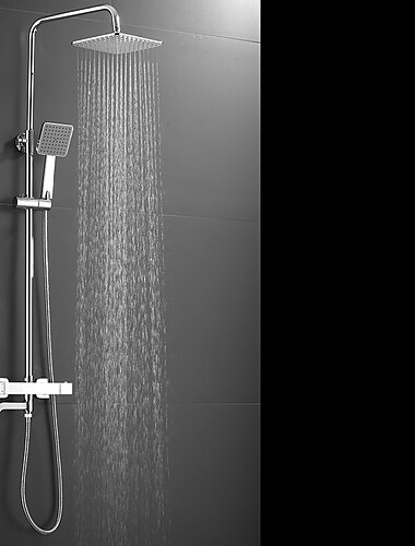  Duscharmatur, Regenduschkopfsystem / Thermostat-Mischventil-Set – Handbrause inklusive, ausziehbare Regendusche, zeitgenoessische galvanisierte Halterung, Keramikventil, Badewanne, Dusche,