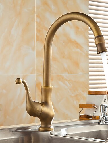  ברז מטבח, פליז עתיק ידית אחת חור אחד מרכזי זרבובית סטנדרטי סט זרבובית עכשווית למטבח מסתובבים עם מתג קר וחם