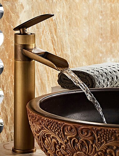  Waterfall Bathroom Sink Mixer Faucet Tall, Antique Brass Single Handle Basin Taps with Cold and Hot Hose