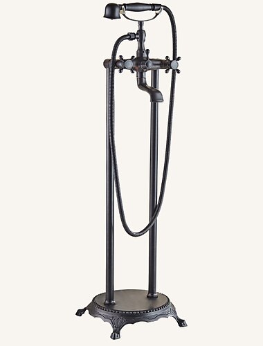  حنفية حوض الاستحمام مثبتة على الأرض ، من النحاس الأصفر على الطراز العتيق ، شكل الهاتف ، طلاء مطلي بالكهرباء ، مقبضان ، صنبور دش بفتحتين مع دش يدوي واستنزاف