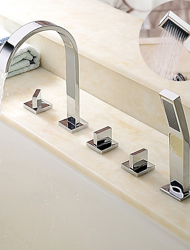 Bathtub Faucet Deck Mounted, Bathroom Faucet Bath Roman Tub Filler Mixer Tap Brass with Handheld, 5 Hole 3 Handle Sprayer with Cold Hot Water Hose