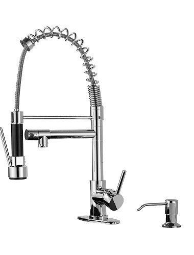  rubinetto da cucina con doccetta estraibile e set di distributori di sapone monocomando due fori estraibile/girevole/multifunzione con beccuccio standard, rubinetto da cucina in ottone alto-alto