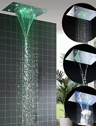  500*360 Chrome/3- Color LED Bathroom Faucets Rain Mixer Complete with Stainless Steel Rainfall Shower Head Ceiling Mounted Color Change By Water Temperature, Hydor Power, No Battery Needed