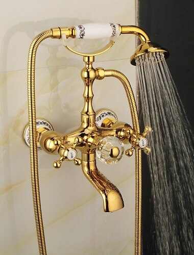  Badewanne Wasserhahn Mischbatterie Telefon Stil Luxus goldene Politur mit Sprueher Handbrause drehen Auslauf Wanne heisses und kaltes Wasser