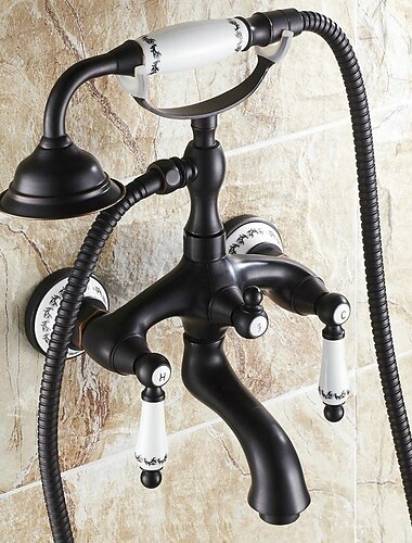  صنبور بالوعة الحمام ، تركيب جدار على شكل هاتف نحاسي على نطاق واسع قابل للسحب على الطراز الريفي مطلي بالكهرباء بمقبضين صنبور حوض الاستحمام مع دش يدوي واستنزاف