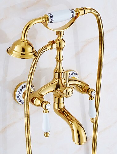  صنبور حوض الاستحمام صنبور خلاط نمط الهاتف طلاء ذهبي فاخر مع بخاخ دش يدوي تدوير صنبور حوض ماء ساخن وبارد