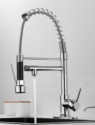  Kitchen Faucet with Pullout Spray and Soap Dispenser Sets Single Handle Two Holes Pull Out/Rotatable/Multifunction Standard Spout, Brass Tall-High Arc Deck Mounted Kitchen Faucet