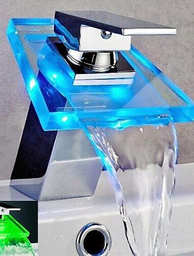  Waterfall Bathroom Sink Mixer Faucet Chrome, Led Faucet Lights Color Changing Battery Powered, Single Hole Single Handle Basin Taps, Brass Washroom Facuet with Glass Spout