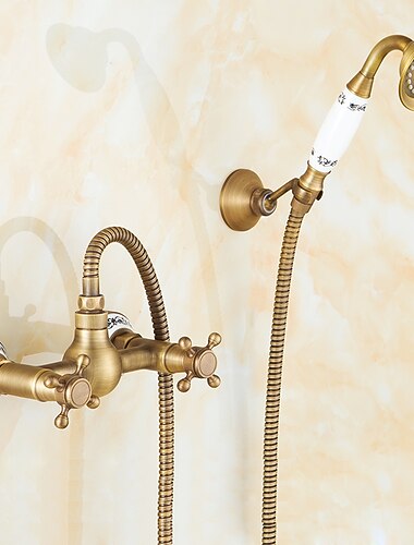  dusjkransett i messing, to haandtak ett hull vegginstallasjon foss baerbar spray uttrekkbar haanddusj med kaldt/varmt vann