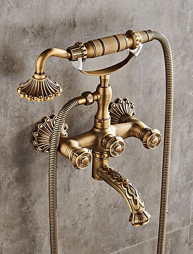  Vintage Shower System Faucet Set Wall Mounted, 360 Swivel Antique Brass Bathroom Shower Head Facuet Kit with Handheld Shower Head Sprayer Ceramic Valve Bath Mixer Tap