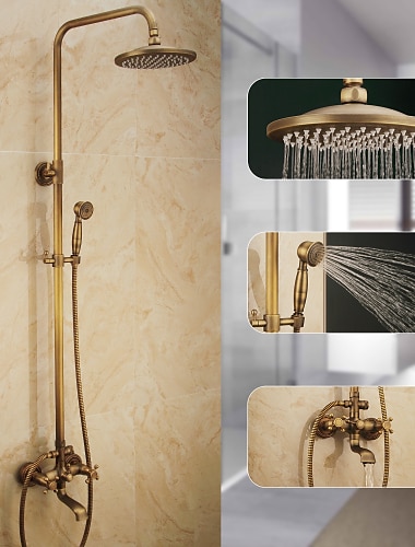  grifo de ducha, juego de sistema de ducha ducha de mano incluida cascada extraible estilo vintage / montaje de laton antiguo rural valvula de ceramica exterior grifos mezcladores de ducha de bano