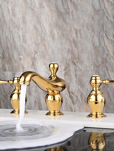 ευρέως διαδεδομένη βρύση μίξερ νεροχύτη μπάνιου, 3 τρύπες με 2 λαβές χρυσές ορειχάλκινες βρύσες νιπτήρας βρύσης νερού μπάνιου, ζεστό και κρύο λάστιχο κατάστρωμα