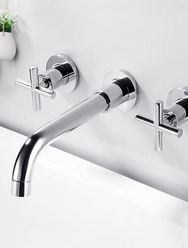  wandmontage badkamer wastafel mengkraan, wijdverspreide wasruimte wastafelkranen wandmontage messing 2 handgrepen 3 gaten wasbaxin kraan met koud warm water slang retro antiek vintage