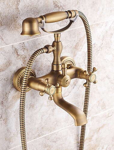  シャワー蛇口セット真鍮浴槽スパウトシャワーシステム、2 ノブハンドル電話スタイルヘルドハンドシャワーハンド 1.5 メートルホース壁取り付けタップ