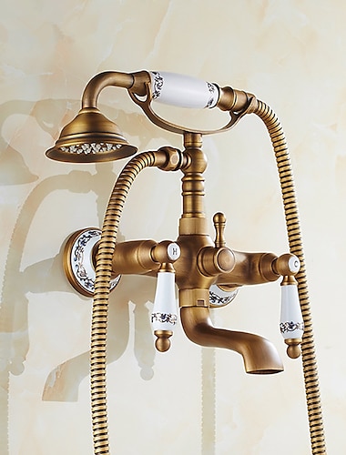  ensemble de robinet de douche - douche a effet pluie style vintage montage en laiton antique a l\'exterieur vanne en ceramique mitigeurs de bain douche