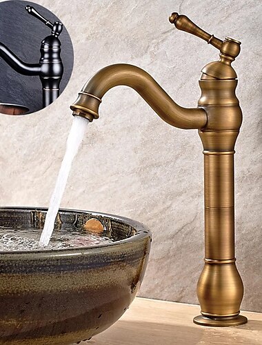  Bathroom Sink Mixer Faucet Antique Brass ORB, 360 Rotatable Basin Tap Single Handle Deck Mounted, Traditional Washroom Vessel Bath Taps