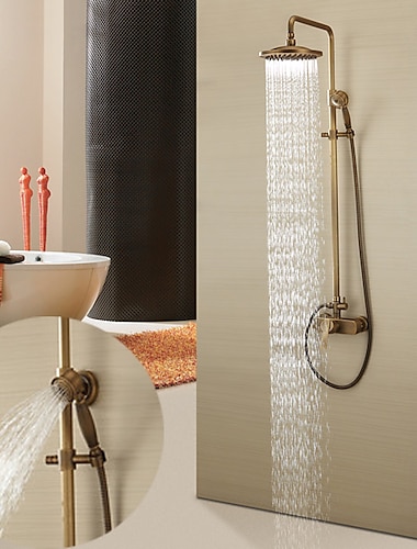 robinet de duș, set sistem de duș, alamă un singur mâner cu trei orificii sistem de duș de ploaie montat pe perete supapă ceramică baterii de duș pentru baie cu comutator de apă caldă și rece