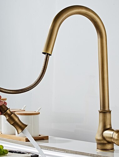 bateria zlewozmywakowa z wyciąganą wylewką, obracane o 360 krany do naczyń antyczny mosiądz/czarny montowany na pokładzie, antyczny pojedynczy uchwyt krany kuchenne z jednym otworem bateria zlewozmywakowa z wyciąganą wylewką, obracane o 360 krany do naczyń antyczny mosiądz/czarny montowany na pokładzie, antyczny pojedynczy uchwyt krany kuchenne z jednym otworem